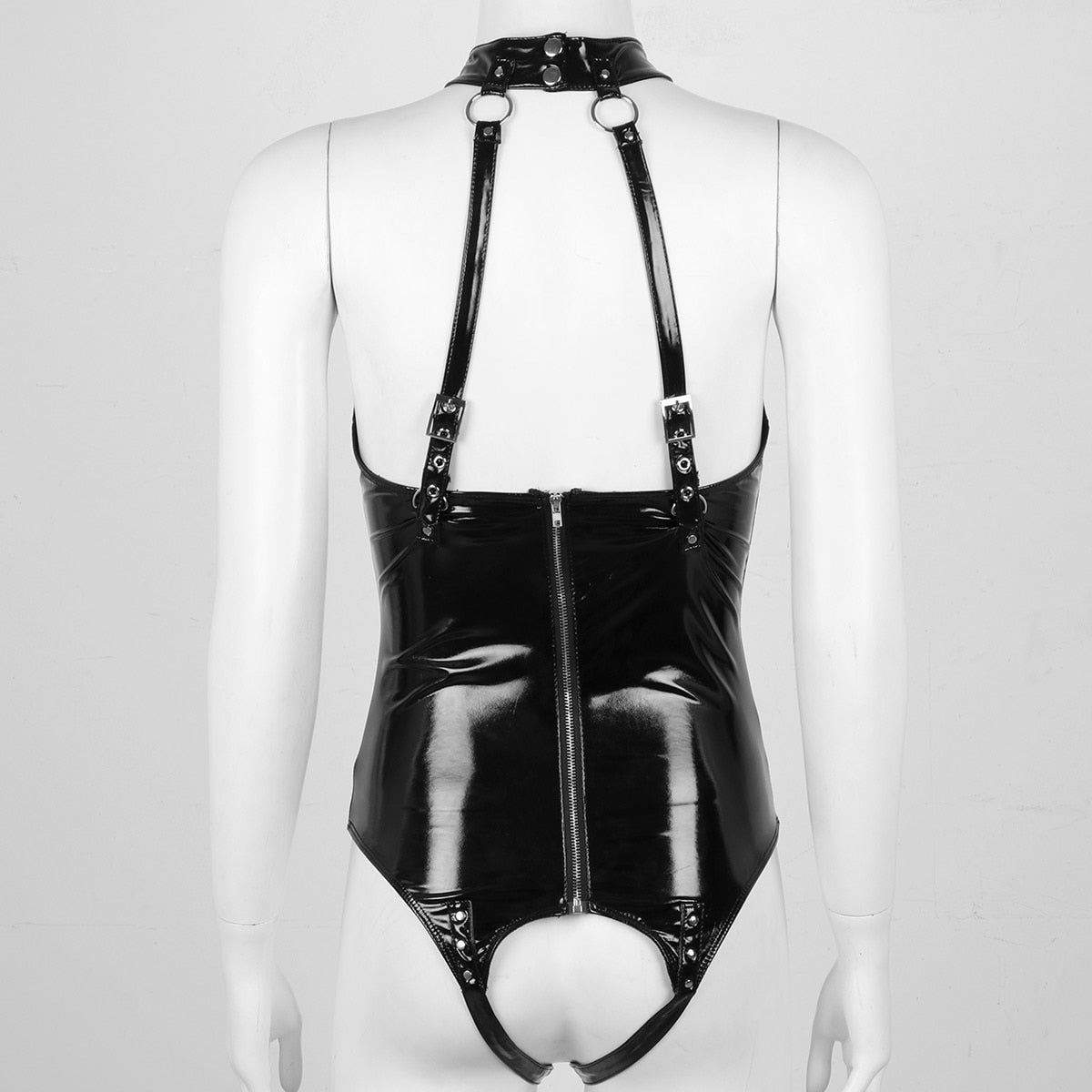 Open Cup Wet Look Leather One Piece